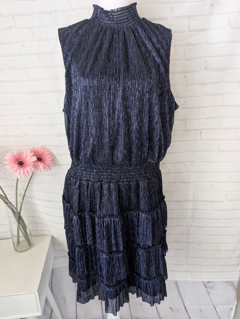NWT Sam And Jess Sleeveless Metallic Navy Blue Tiered Dress